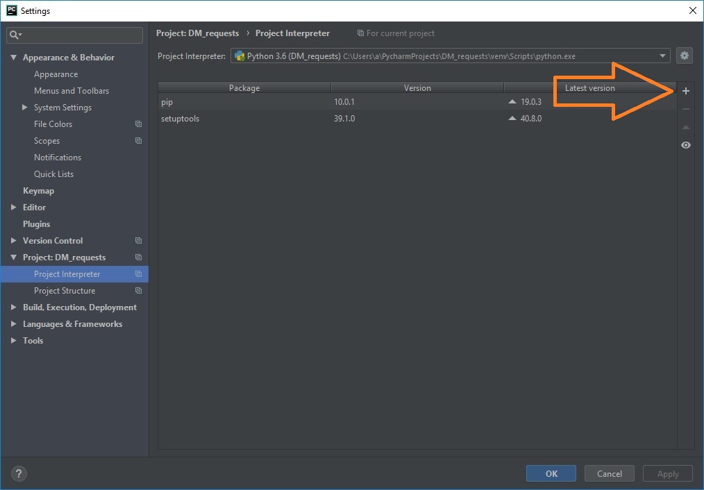 Установка модуля requests в PyCharm изображение с сайта www.devhops.site