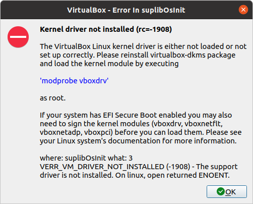 Kernel driver not installed (rc 1908) в VirtualBox изображение с сайта www.devhops.site