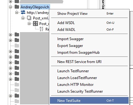 SOAP UI New Test Suite Правый клик Project изображение с сайта www.eth1.ru