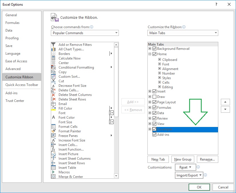 MS Excel options customize ribbon developer изображение с сайта www.AndreyOlegovich.ru